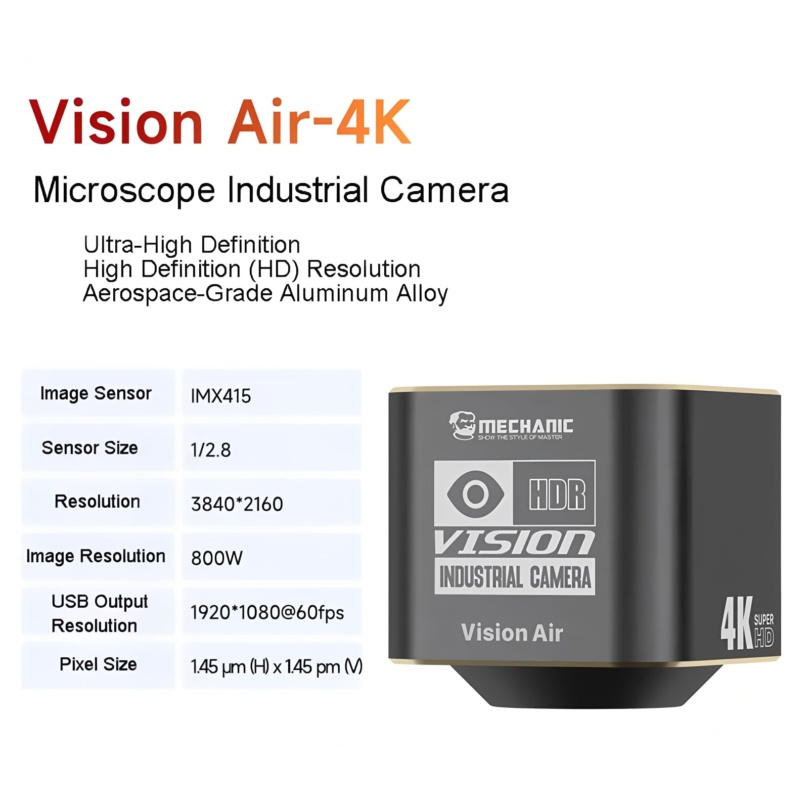 Mechanic Vision Air Pro IMX678 Sensor Mikroskopkamera 4K 2K HDMI USB Type-C C-MOUNT Industriekamera Labor Handy-Chip-Reparatur (Vision Air 4k)