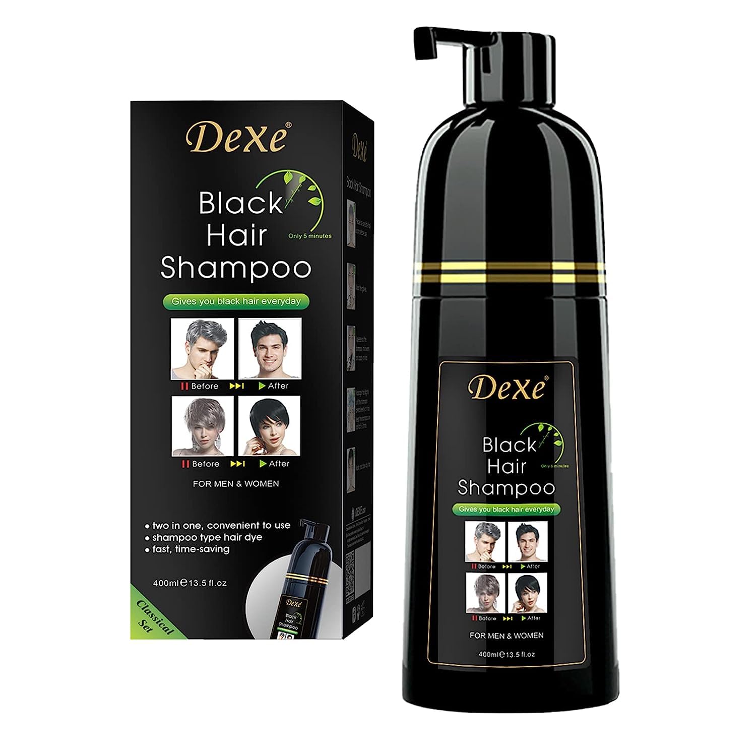 Instant Black Hair Shampoo 400ml - Semi-Permanent D E X E black Hair Dye shampoo for Natural Hair, Lasts 30 Days, Fast Acting Formula for Men & Women