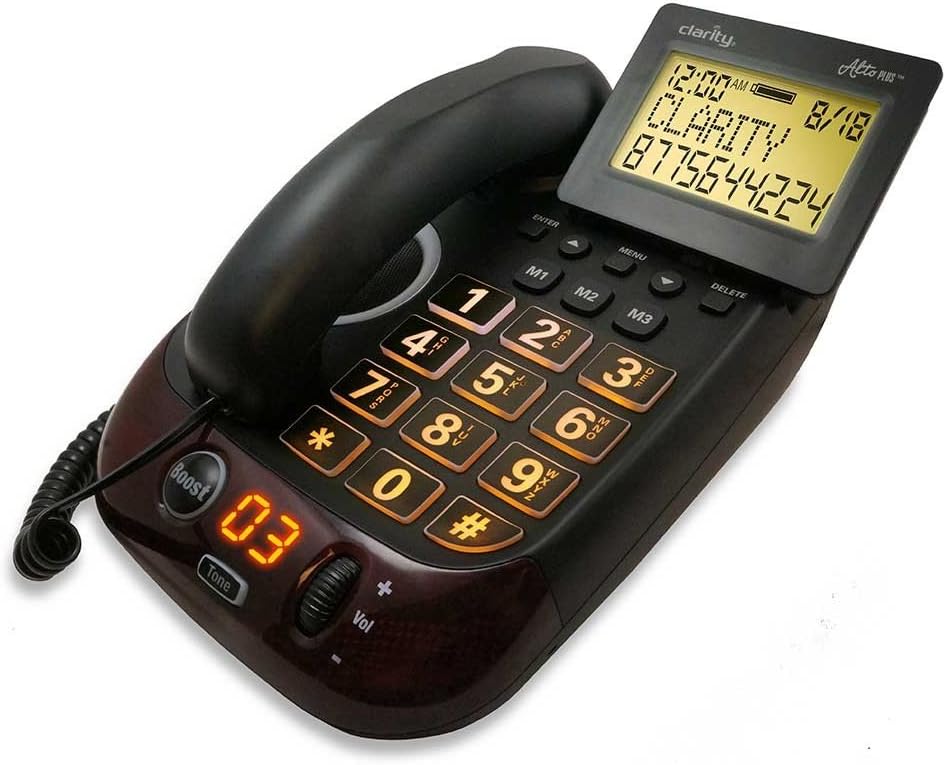 Clarity AltoPlus Amplified Phone with large backlit display and keypad, showing the 'Boost' button and volume control on the left side.