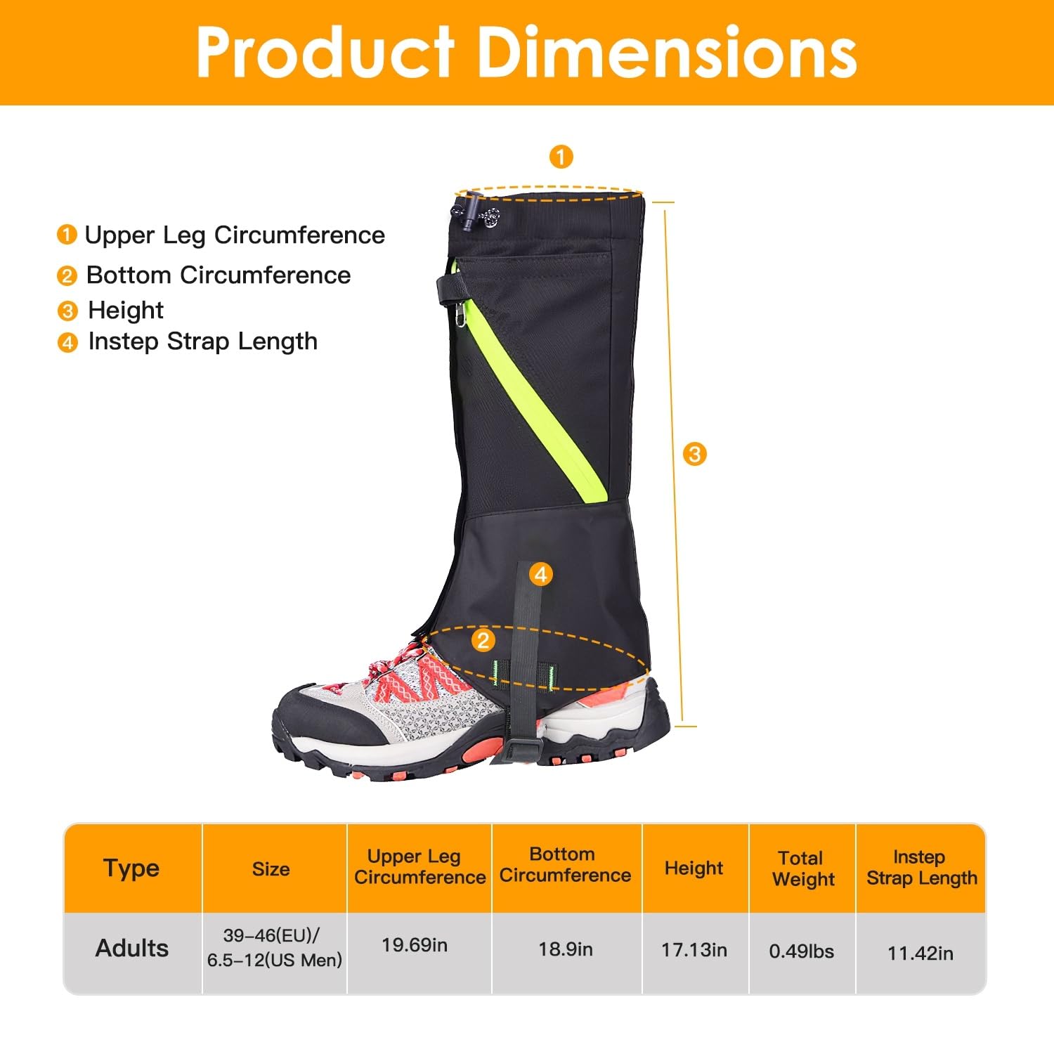 Leg Gaiters Waterproof Snow Boot Gaiters Snow Legging Shoe Gaiters Leg Cover for Walking Hunting Mountain Climbing Snowshoeing (Black_Adult)