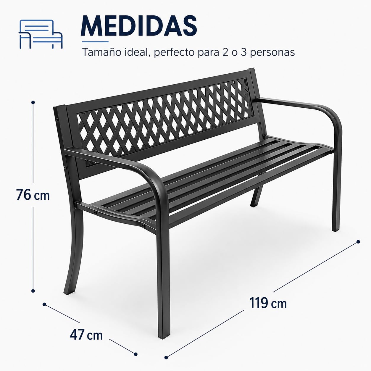 Banco de Jardín Exterior de Metal 2-3 Plazas | Asiento de Acero Resistente | Ideal para Terraza, Patio, Porche o Balcón | Diseño Decorativo con Respaldo Curvo | Mueble Exterior Duradero