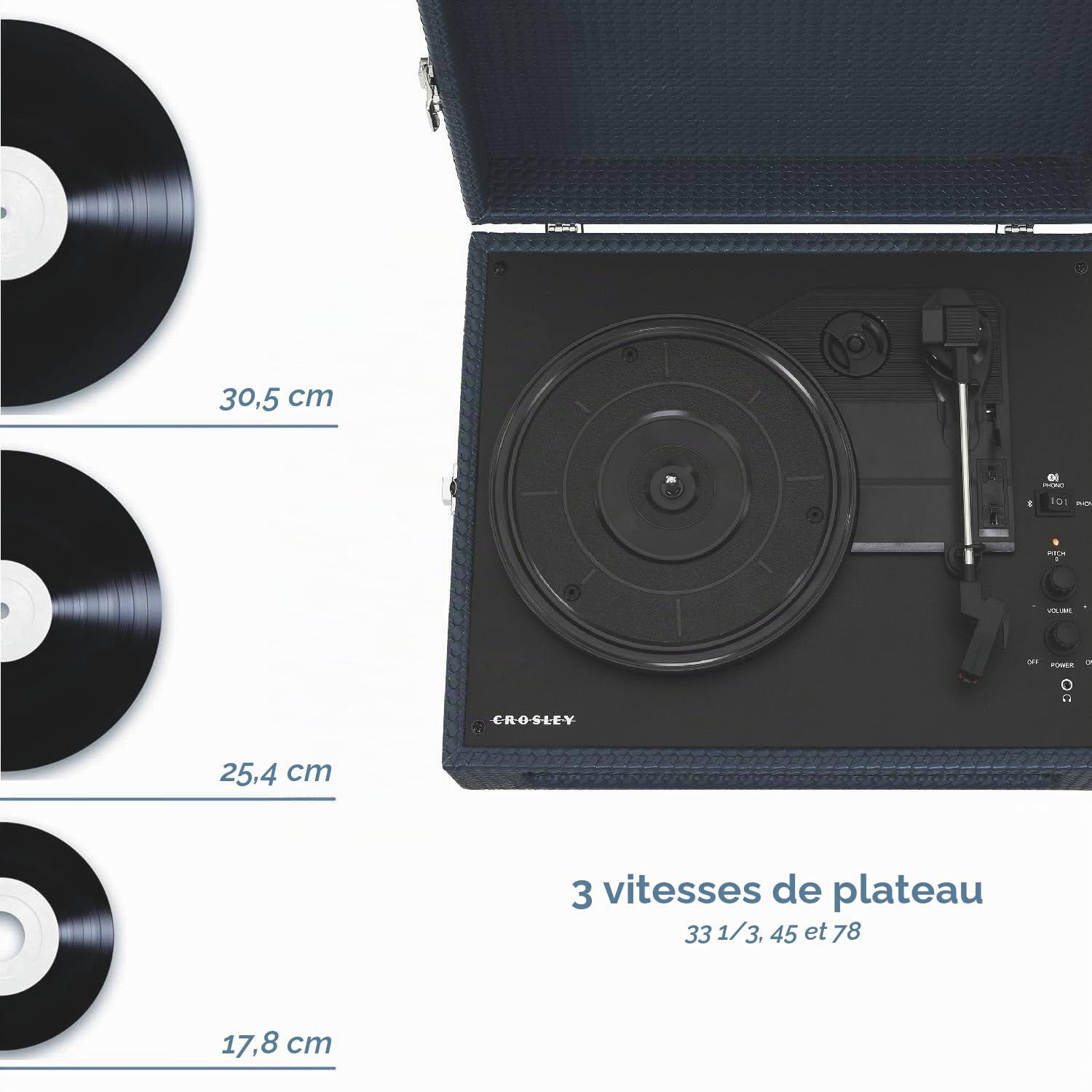 Crosley Voyager Tourne-Disque Portable Bluetooth, Lecteur de Disque Vinyle à 3 Vitesses, Platine Vinyle, Haut-parleurs Stéréo Intégrés, Récepteur Bluetooth, Entrée