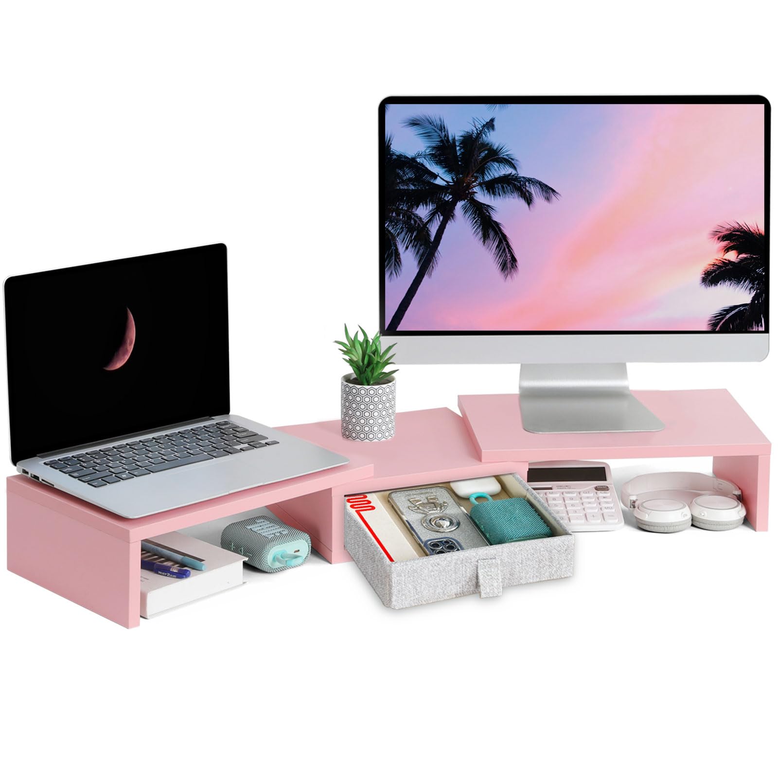 TEAMIX Pink Dual Monitor Stand Riser with Drawer - Length and Angle Adjustable Double Corner Desk Shelf Organizer 37 inch for 2 Laptop/PC/Screen/TV