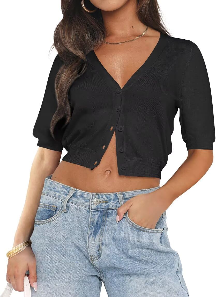 LEEDYA Summer Cardigans for Women Lightweight Short Sleeve Open Front Knit Cropped Sweaters V Neck Button Up Bolero Shrug Top