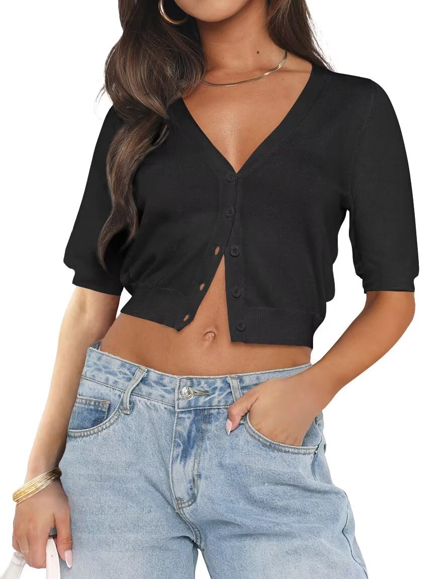 LEEDYA Summer Cardigans for Women Lightweight Short Sleeve Open Front Knit Cropped Sweaters V Neck Button Up Bolero