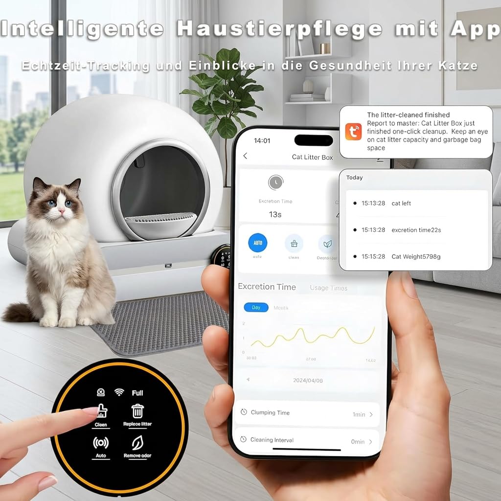 Selbstreinigende Katzentoilette 65L XXL – automatisches Katzenklo mit App-Steuerung,Gesundheitsmonitor & Ionen-Geruchsneutralisierung,inkl. 5 Müllbeutel & 1Matte, für Mehrkatzen katzenklo