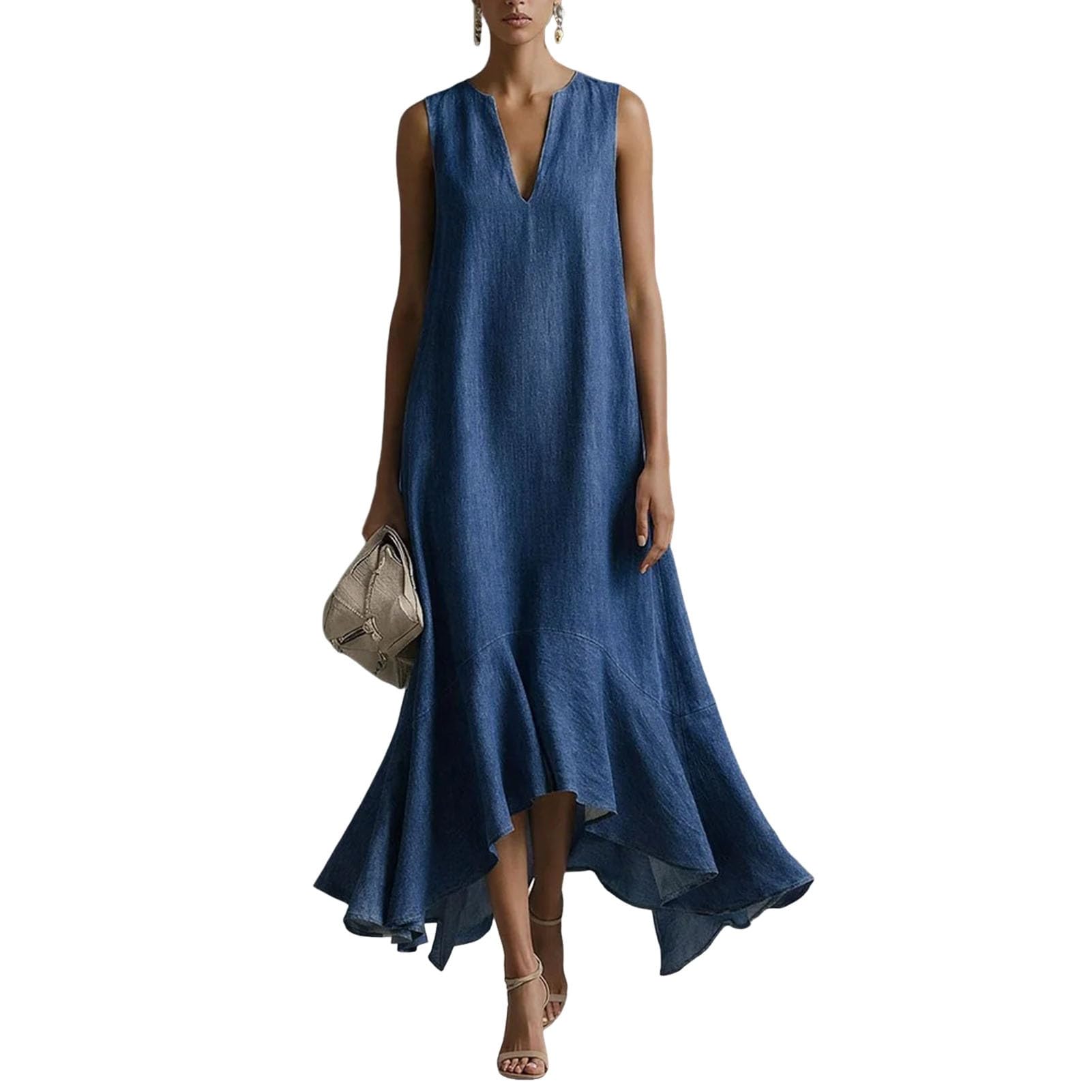 Robe longue en jean sans manches avec col en V pour femme, robe d'été décontractée pour les vacances à la plage et les loisirs quotidiens