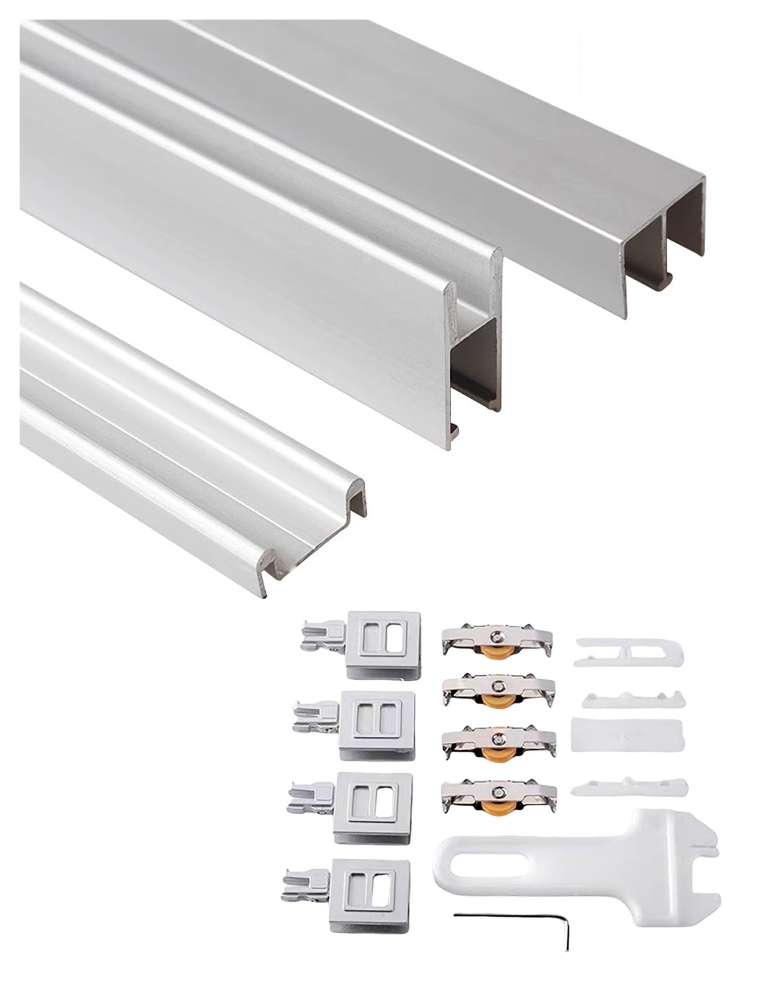 System prowadnic do szklanych drzwi przesuwnych, Zestaw okuć do drzwi przesuwnych szklanego systemu podwójnych kół pasowych 8 mm, 60-150 cm, wielokolorowy(Silver,39.4in/100cm)