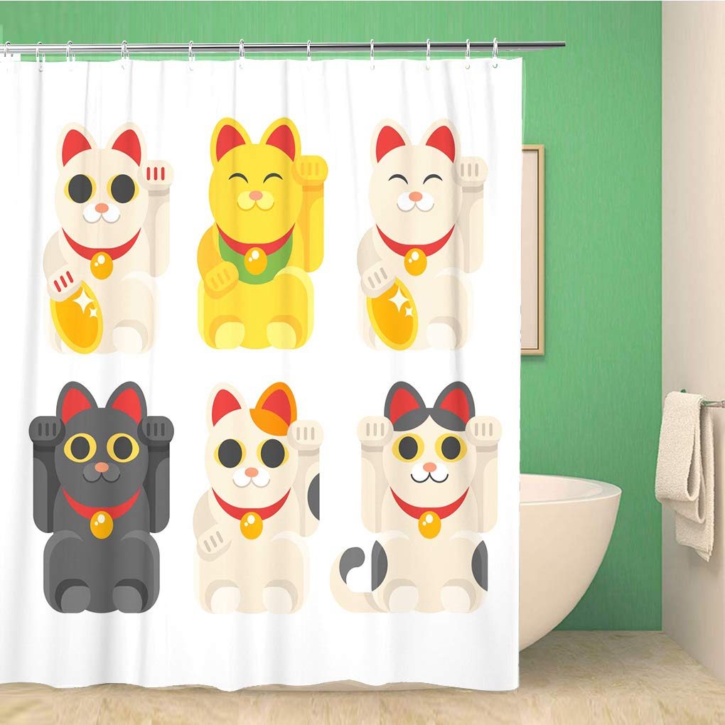 Awowee Color 5 Decor Shower Curtain Yellow Flat Of Japanese Lucky Cat Maneki Neko 180X180cm Polyester Fabric Waterproof Bath Curtains Set With Hooks For Bathroom