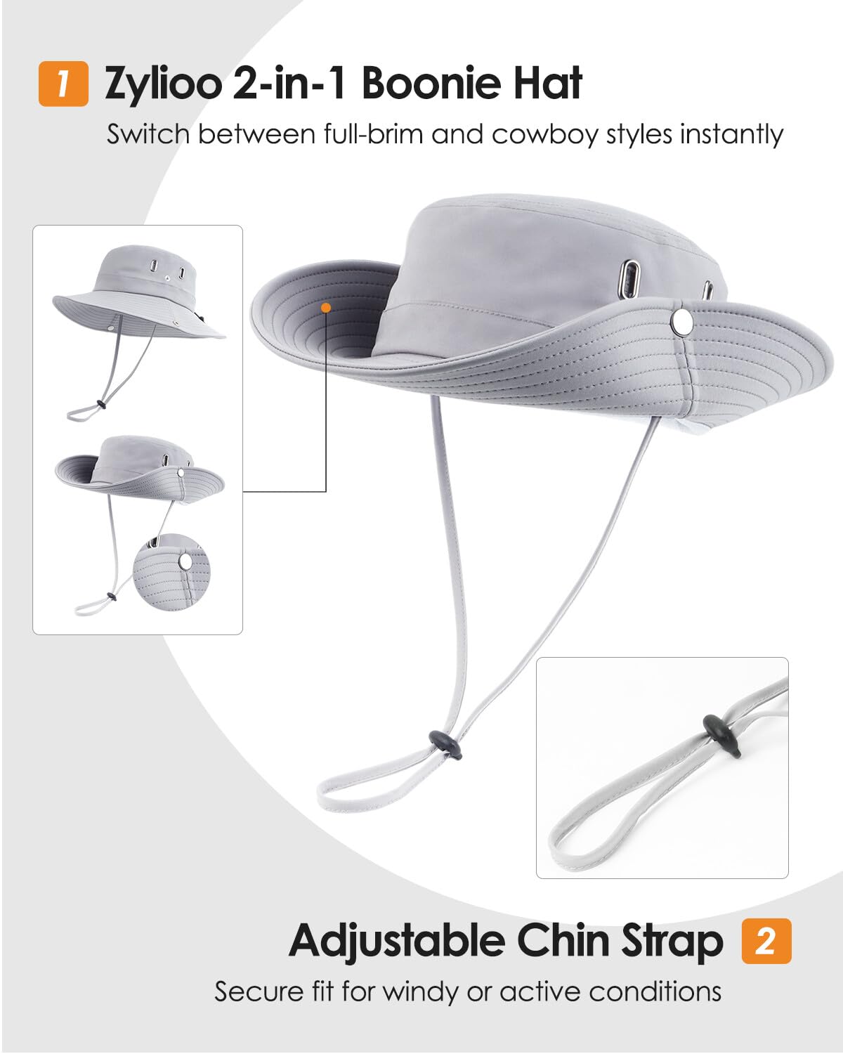 Zylioo Extra Large Boonie Sun Hats,Wide Quick Dry Fishing Hat for Big Heads,UPF 50 Cooling Hats with Chin Strap Grey