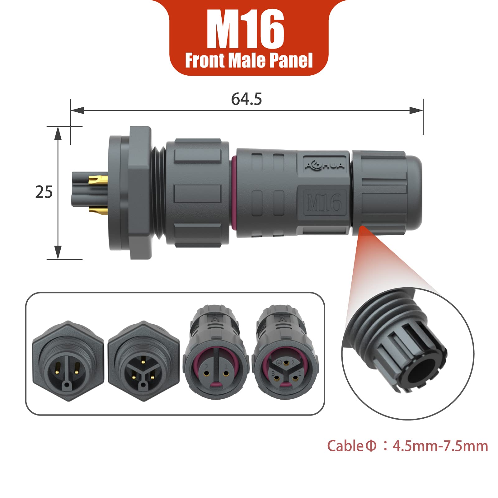 AOHUA M16 Waterproof Connector IP68 Outdoor Electrical Plug Wire to Panel, Front Male Panel Mount for 2 Or 3-pin Cables Ø 4.5-7.5mm UL Certification
