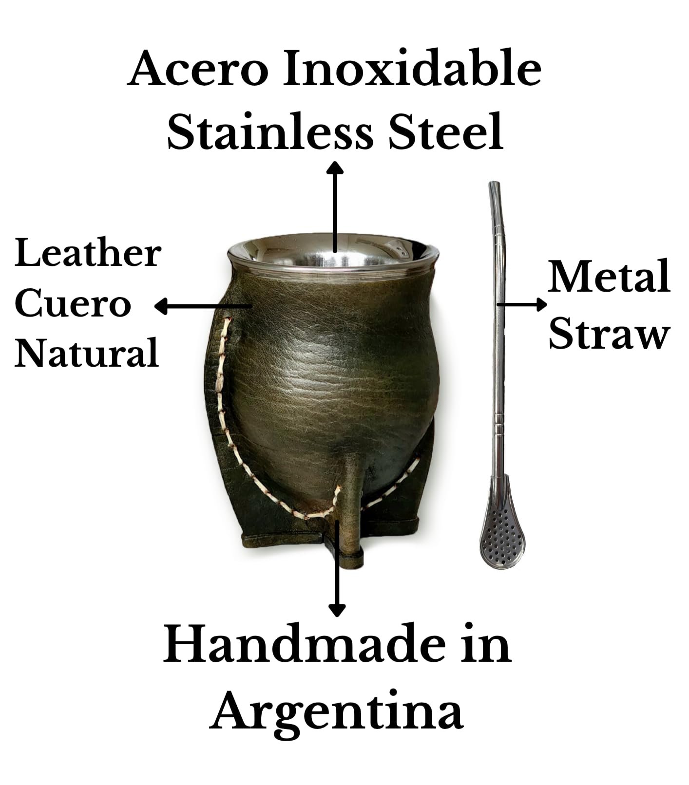 Tazza opaca argentina tradizionale, opaca termica, in acciaio inox, doppia parete, con esterno in pelle verde militare, Yerba Mate Cup, con lampadina