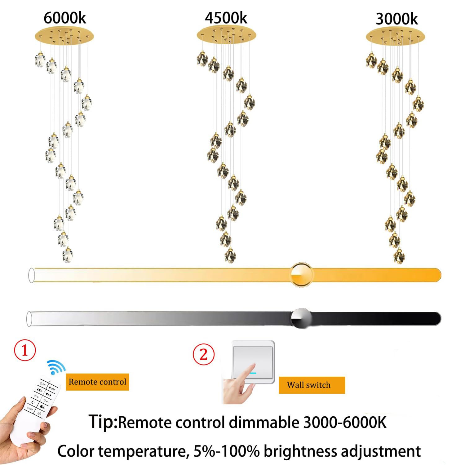 Lámpara de araña LED Regulable de Cristal de 3000-6000 K para Sala de Estar - Lámpara Colgante Dorada de 16 Luces para Escalera de Caracol de 300 cm de Largo para vestíbulo con ent