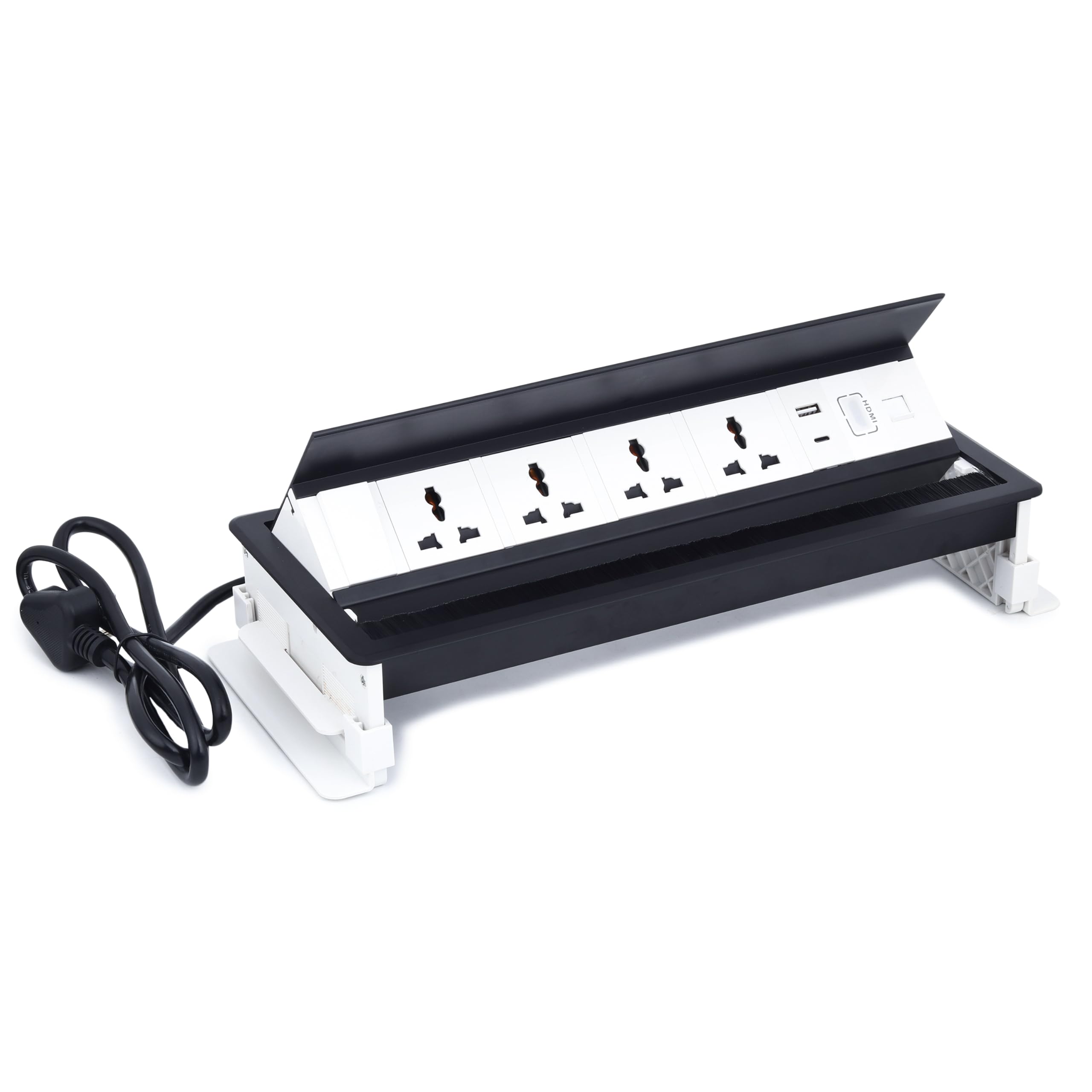 BOXNUBE Fliptop Box Cable Cubby Extension Board with On/Off Switch, Universal Power Socket, LAN, HDMI, USB-A and USB-C Ports (Black) 3