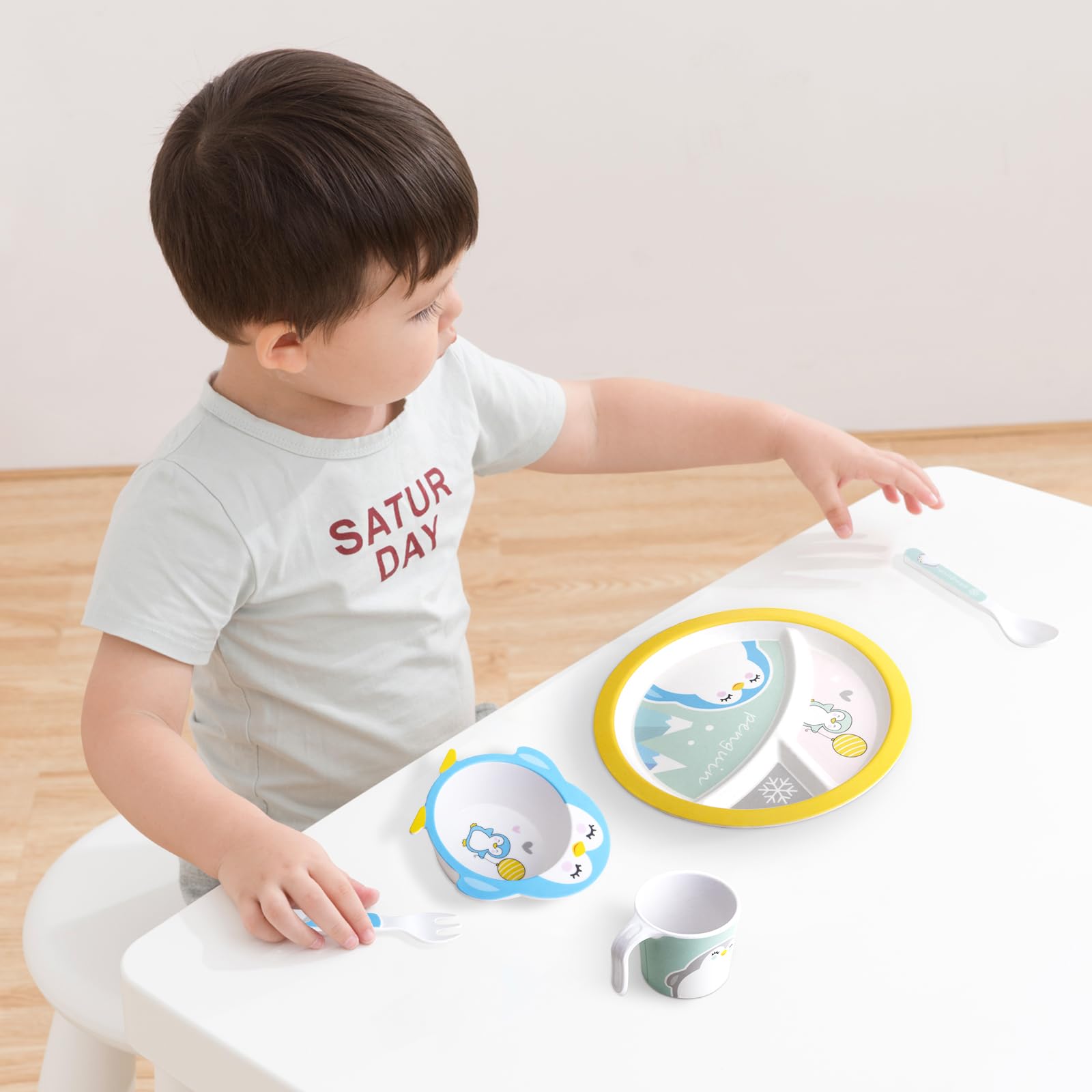 Kids Feeding Set 5 Pcs, Tableware Set for Toddlers Includes Plate Bowl Cup Fork and Spoon Utensil Flatware - Image 2