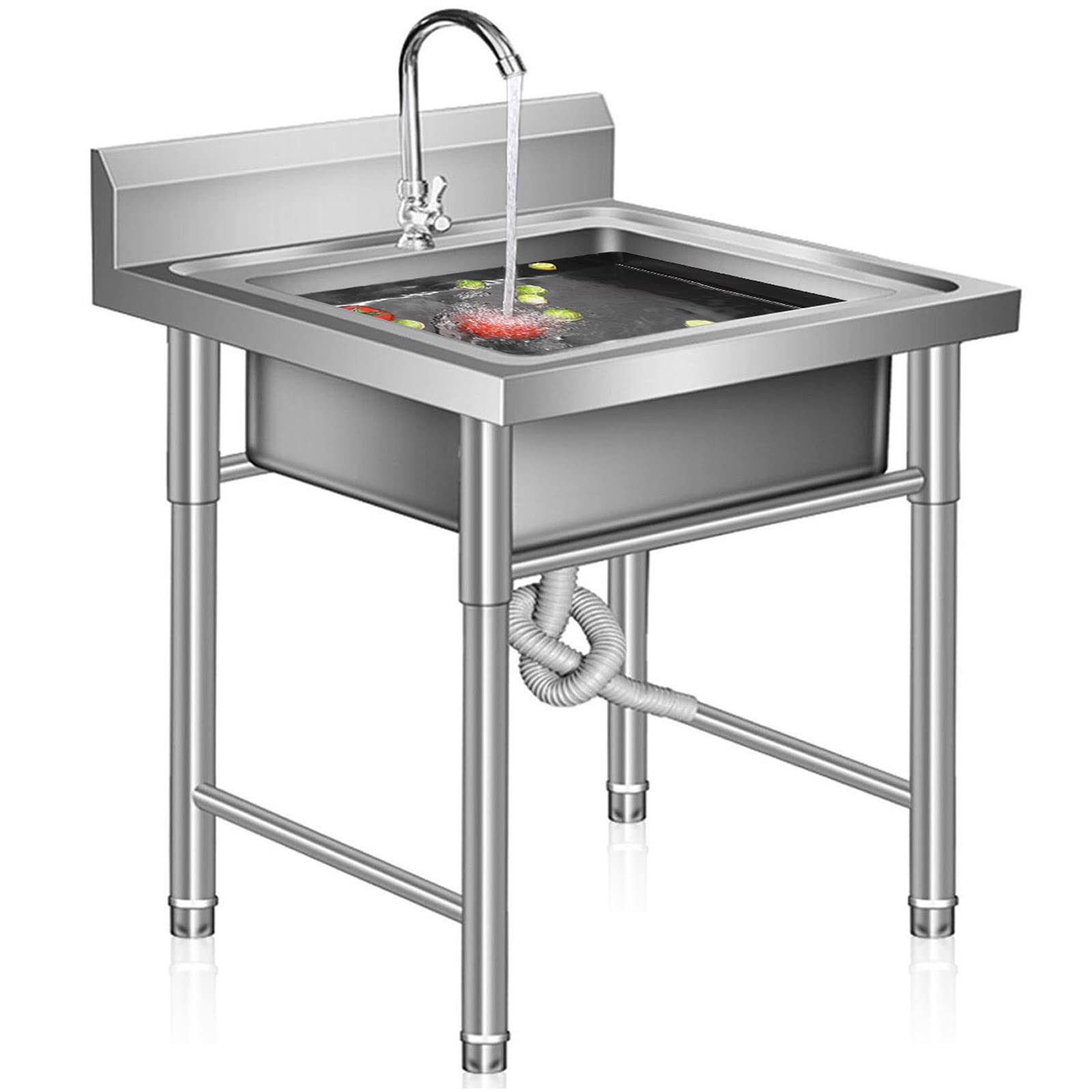 ZQFHSX Freestanding Stainless Steel Utility Sink Wash Basin with Faucet Commercial Catering Single for Garage,Workshop,Laundry Room, Camping Outdoor,60cm