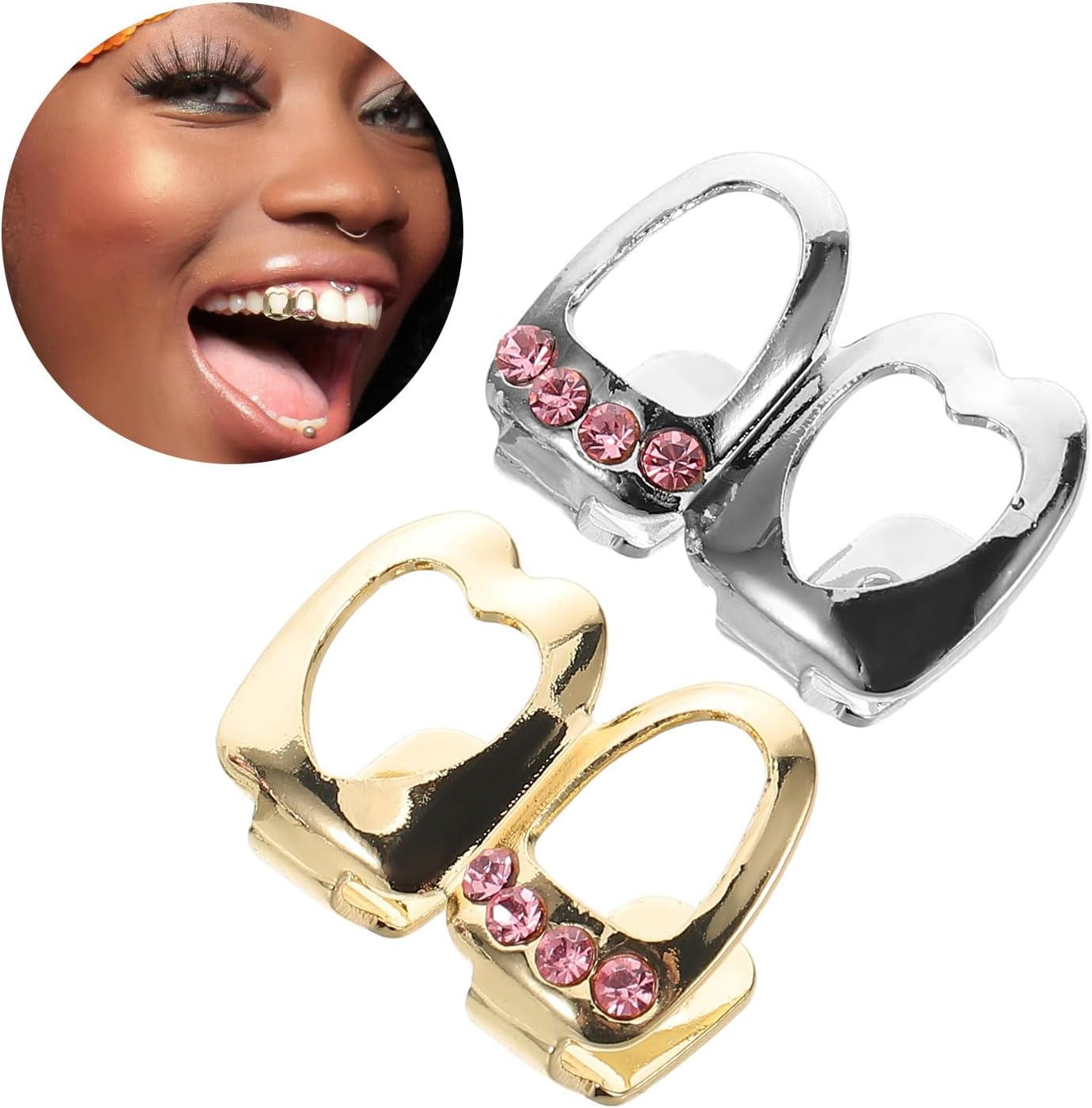 HOMSFOU 2pcs Heart Rhinestone Double Grill Teeth Caps Hip Hop Mouth Jewelry for Men Women, Hollow out Zircon Bling Rapper Teeth Accessories