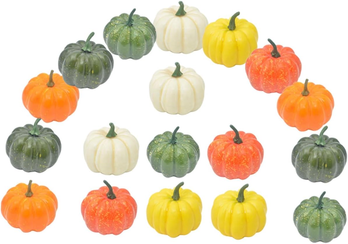 ABOOFAN 18pcs Artificial Halloween Pumpkin Decor Set, Realistic Mini Faux Pumpkins in Yellow, Green, Red, White, Brown, and Dark Green for Fall Decorations and Halloween Party Props