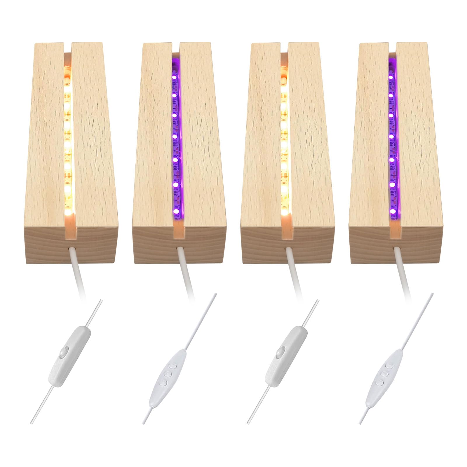 BAIFULAI 4 piedistalli a LED, 20 cm, base in legno, base luminosa, base luminosa con interruttore USB, colori caldi, supporto in legno, per blocchi di vetro, cristalli, vetro, resina, arte