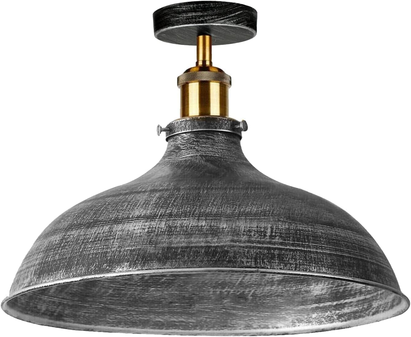 Ledsone Brushed Silver Vintage Retro Industrial Semi Flush Mount Ceiling Light Led Lamp Fixture Kitchen Light Ceiling Metal Large Rustic 36Cm Shade Pendant Lampshade Fitting For Bedroom Farmhouse (Brushed Silver)