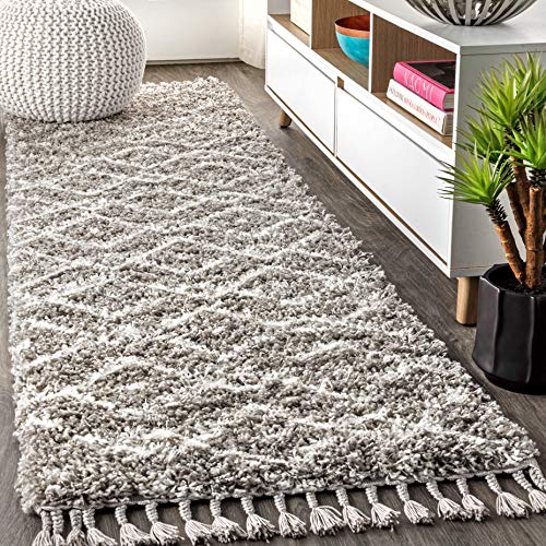 Jonathan Y Mcr105C-28 Mercer Shag Plush Tassel Moroccan Diamond Indoor Area-Rug Distressed Bohemian Easy-Cleaning High Traffic Bedroom Kitchen Living Room, 2 Ft X 8 Ft, Grey/Cream #TOP5