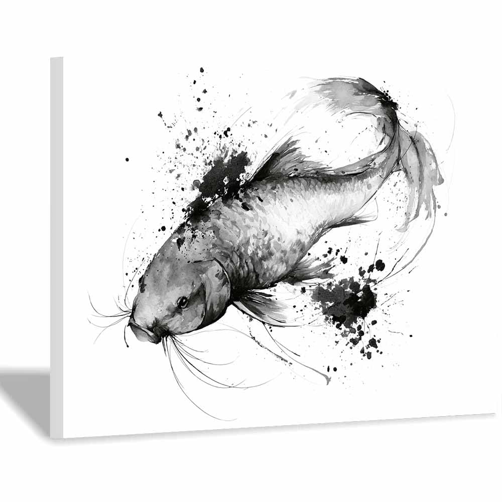 HOQIU Grey Wall Art Monochrome Koi Art prints for walls, canvas wall art, for Living Room Bedroom Bathroom Home Office Wall Decoration(Multicolor)-60x80cm Framed