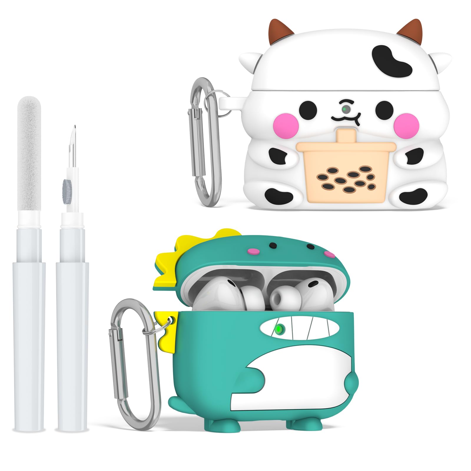 [2-Pack] Cute Case for AirPods Pro 3 (2025), 3D Cartoon Funny Airpod Pro 3 Case Kawaii Design Silicone Cover Compatible for Airpods pro 3rd Generation with Keychain/Cleaner Kit (Dinosaurs + Cows)