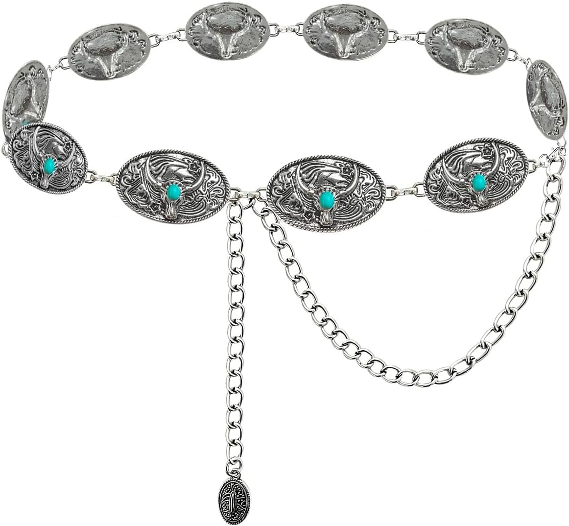 BEMYLVCowgirl Belts for Women Western Silver Turquoise Concho Belt Cowboy Longhorn Metal Chain Belt