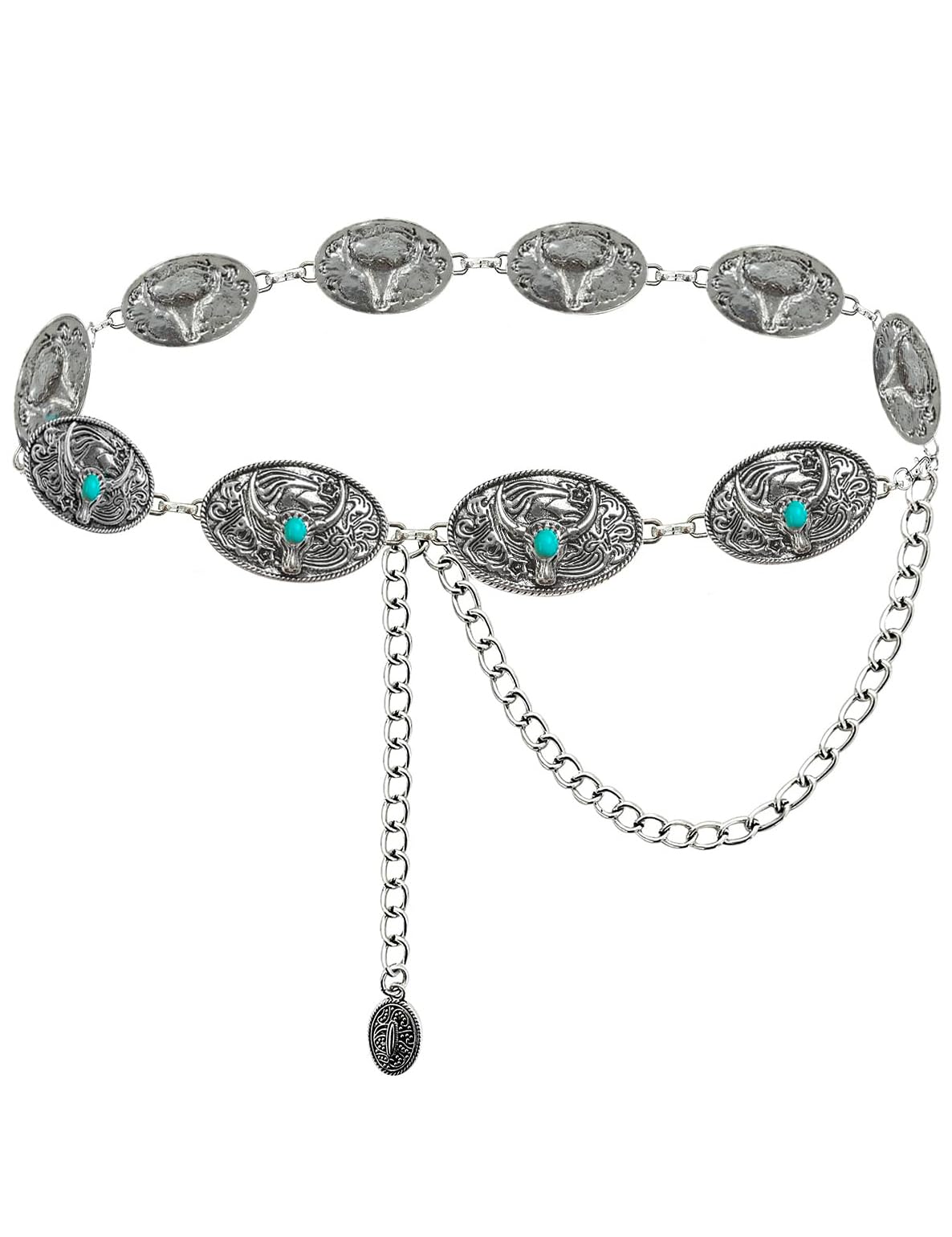BEMYLVCowgirl Belts for Women Western Silver Turquoise Concho Belt Cowboy Longhorn Metal Chain Belt