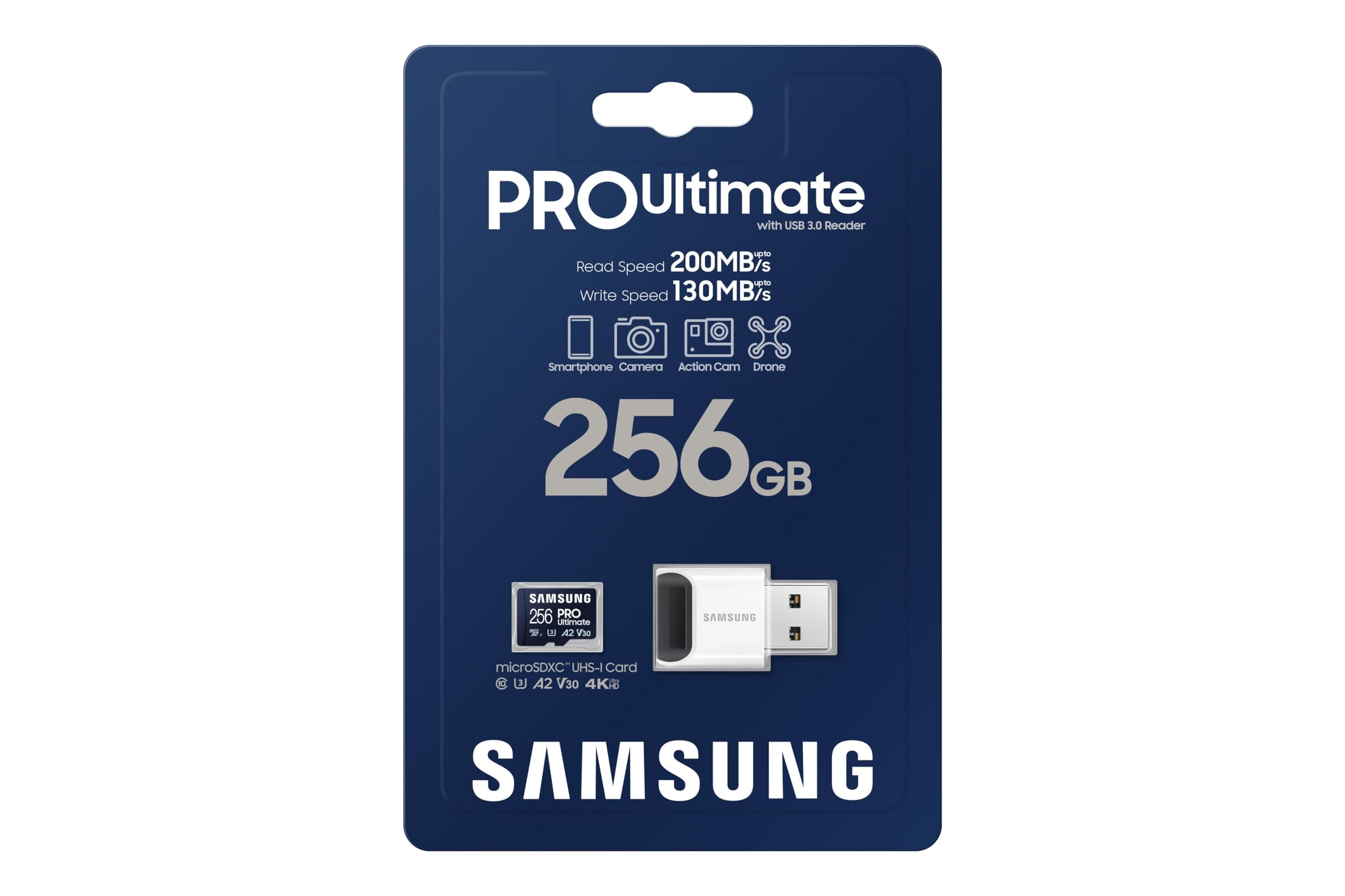 Samsung PRO Ultimate microSD-Karte + USB-Kartenleser, 256 GB, Für Smartphones, Drohne und Action-Cam , UHS-I U3, 200 MB/s Lesen, 130 MB/s Schreiben,‎ MB-MY256SB/WW