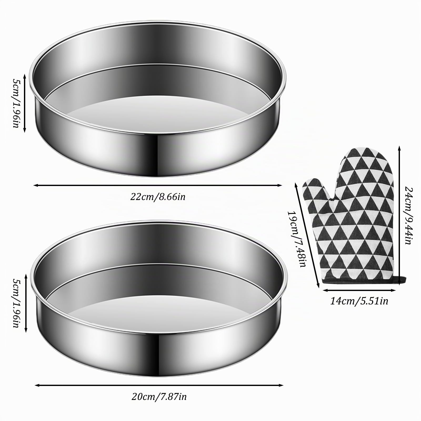 Moule Gateau, 2 Pièces Moule à Gateau Inoxydable, Moule à Manqué Rond, Moule à Genoise pour Layer Cake/Pizzas/Pain, Lavable au Lave-vaisselle - 20 et 22 cm, avec Une Paire de Gants Isolants Thermiques