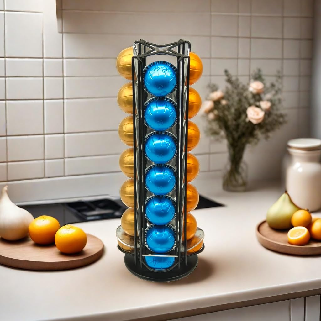 Meelio Vertuo Pod Holder Carousel Stand for 28 Nespresso Vertuo Capsule Storage Organizer with Extra Space for Coffee Mate Silent Rolling,Black: Black 28 Vertuo Pod