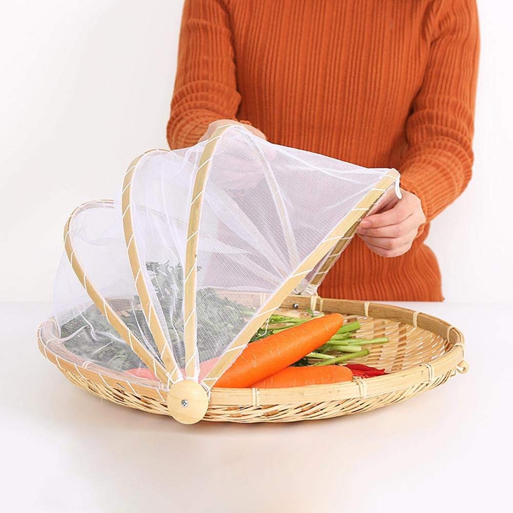 EUBEISAQI Dustproof Basket Picnic Basket with Gauze Bamboo Food Serving Tent Basket Proof Basket Dustproof Sun Basket Handmade Circular for Fruit Vegetable Bread with Protection Mesh