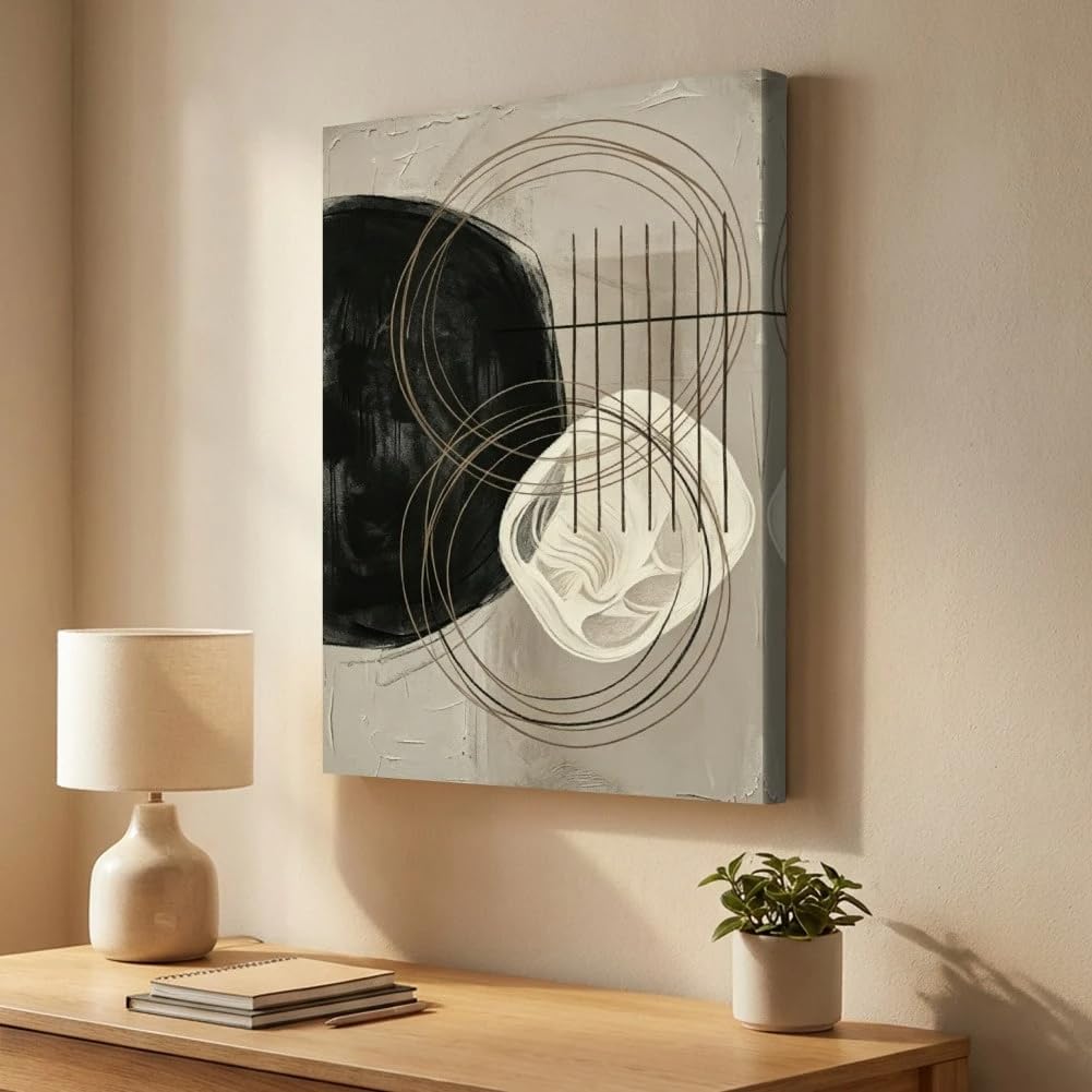 Cuadro abstracto en blanco y negro sobre lienzo, ideal para la decoración del hogar (70x120cm/Sin marco)