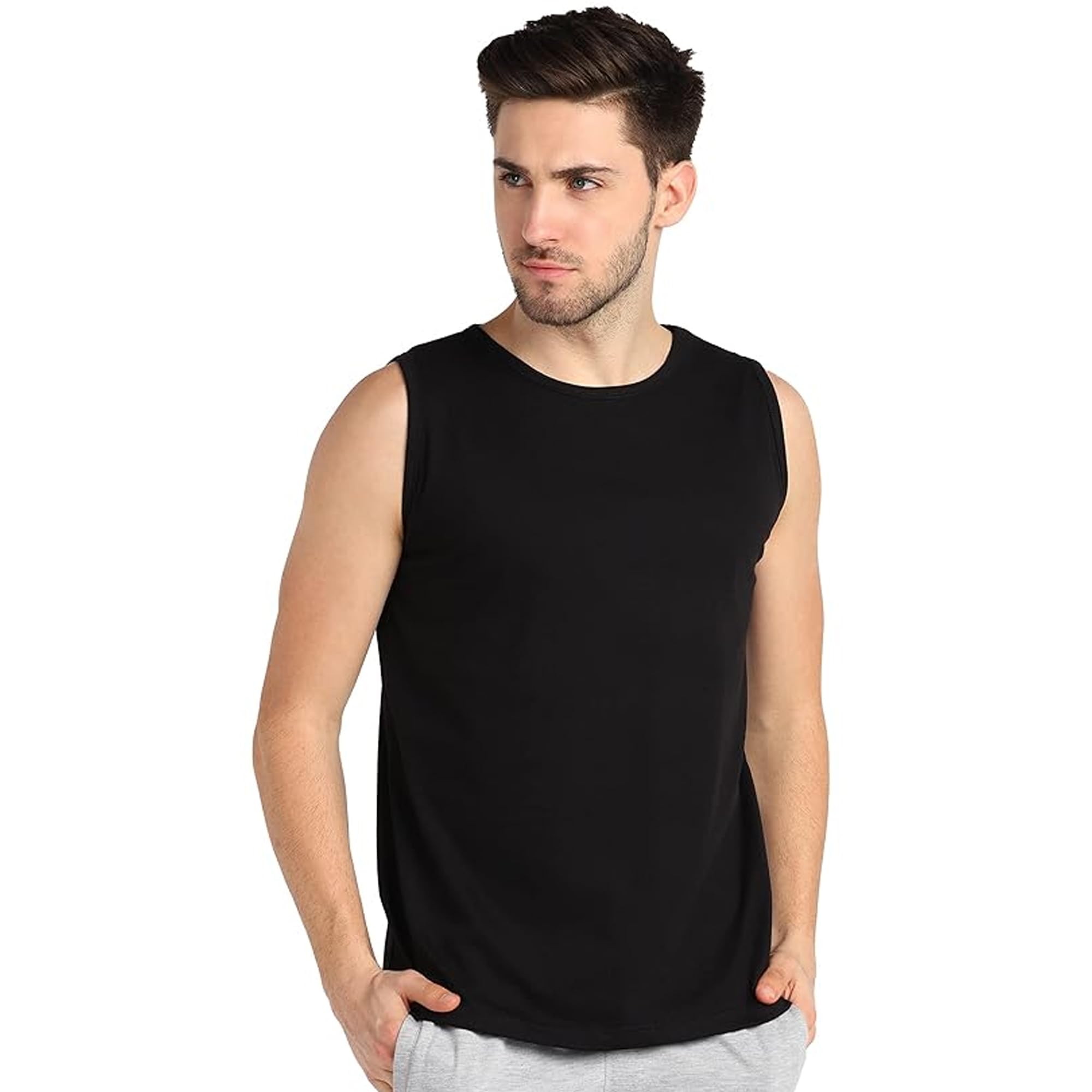 Men's Dryfit Active Performance Solid Round Neck Sleeveless Polyester T-Shirt-image-42