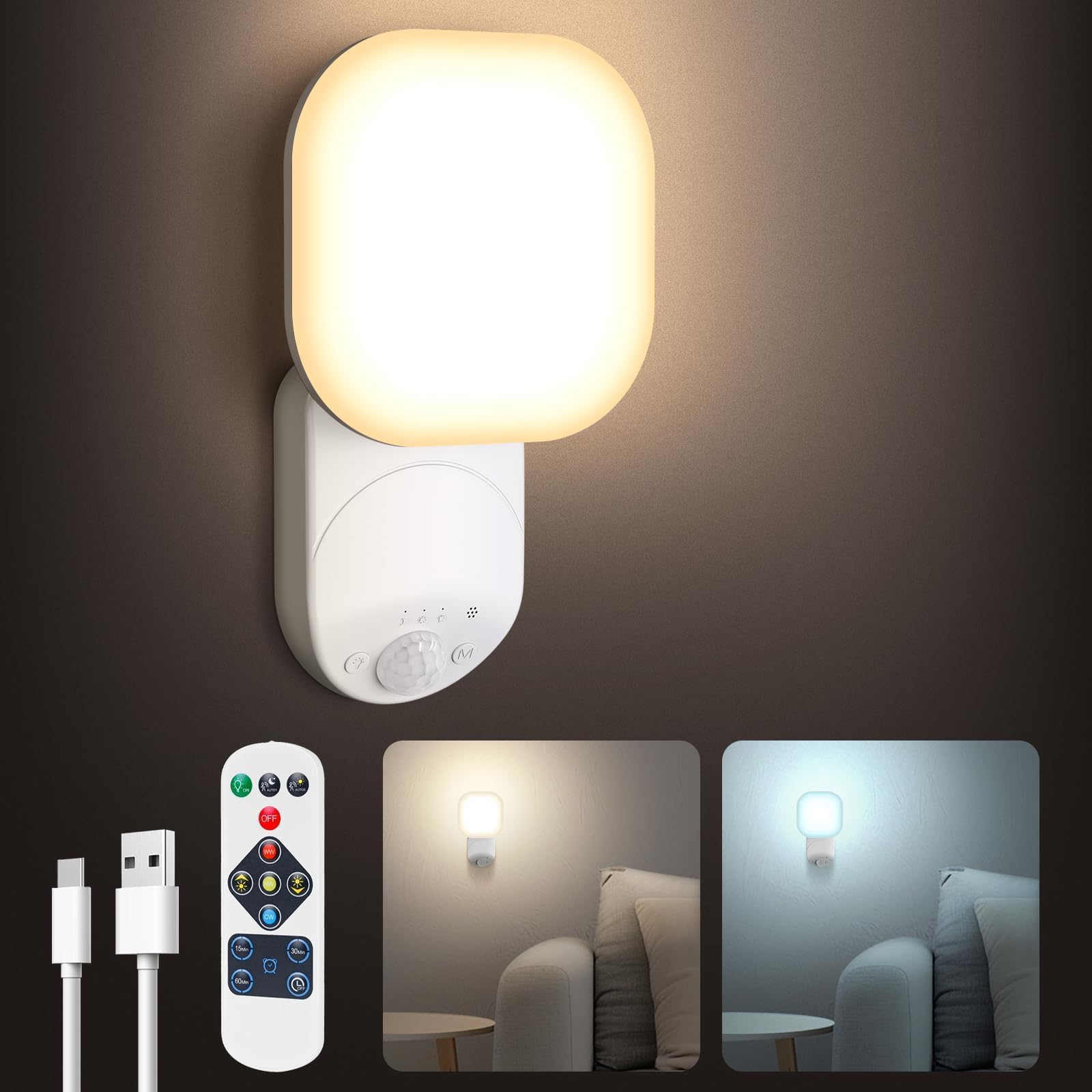 Bawoo LED Motion Sensor Lights Indoor Rechargeable Magnetic Sensor Wall Lights with Remote,3 Color Battery Operated Wireless Wall Light for Shed,Staircase,Hallway,Loft,Bedroom,Bathroom,Garage,Balcony