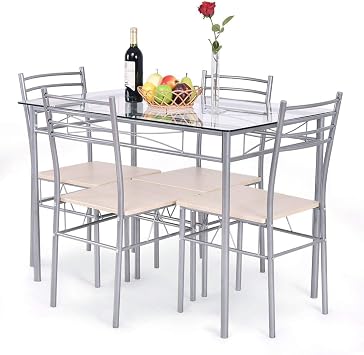 Casart 5 Piece Dining Set Table and 4 Chairs Glass Top Kitchen Breakfast Furniture