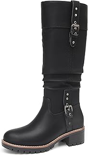 Women's Knee High Black Leather Boots Chunky Low Heels Boot Stylish Tall...