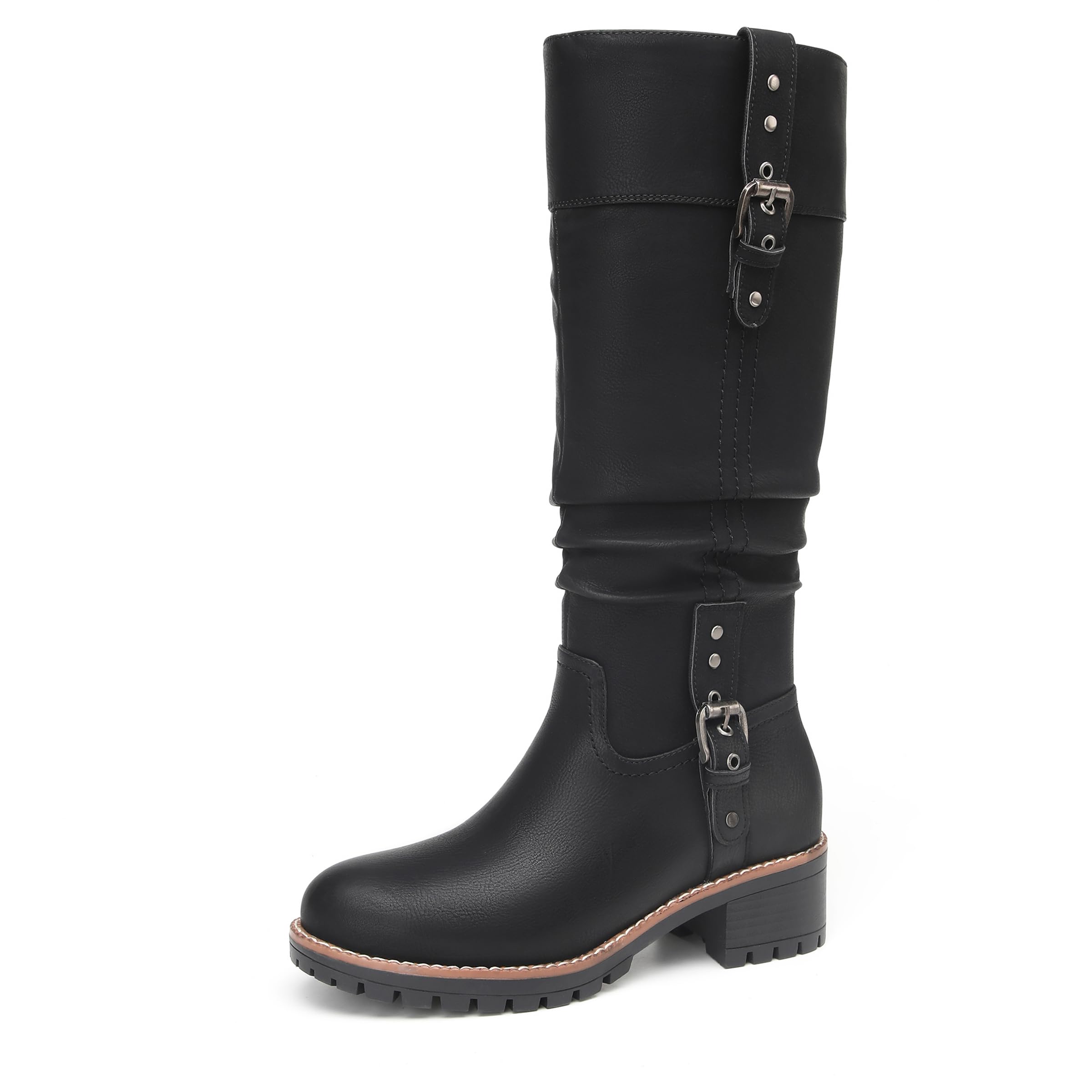 DECARSDZ Womens Knee High Black Leather Boots Chunky Low Heels Boot Stylish Tall Boots for Women