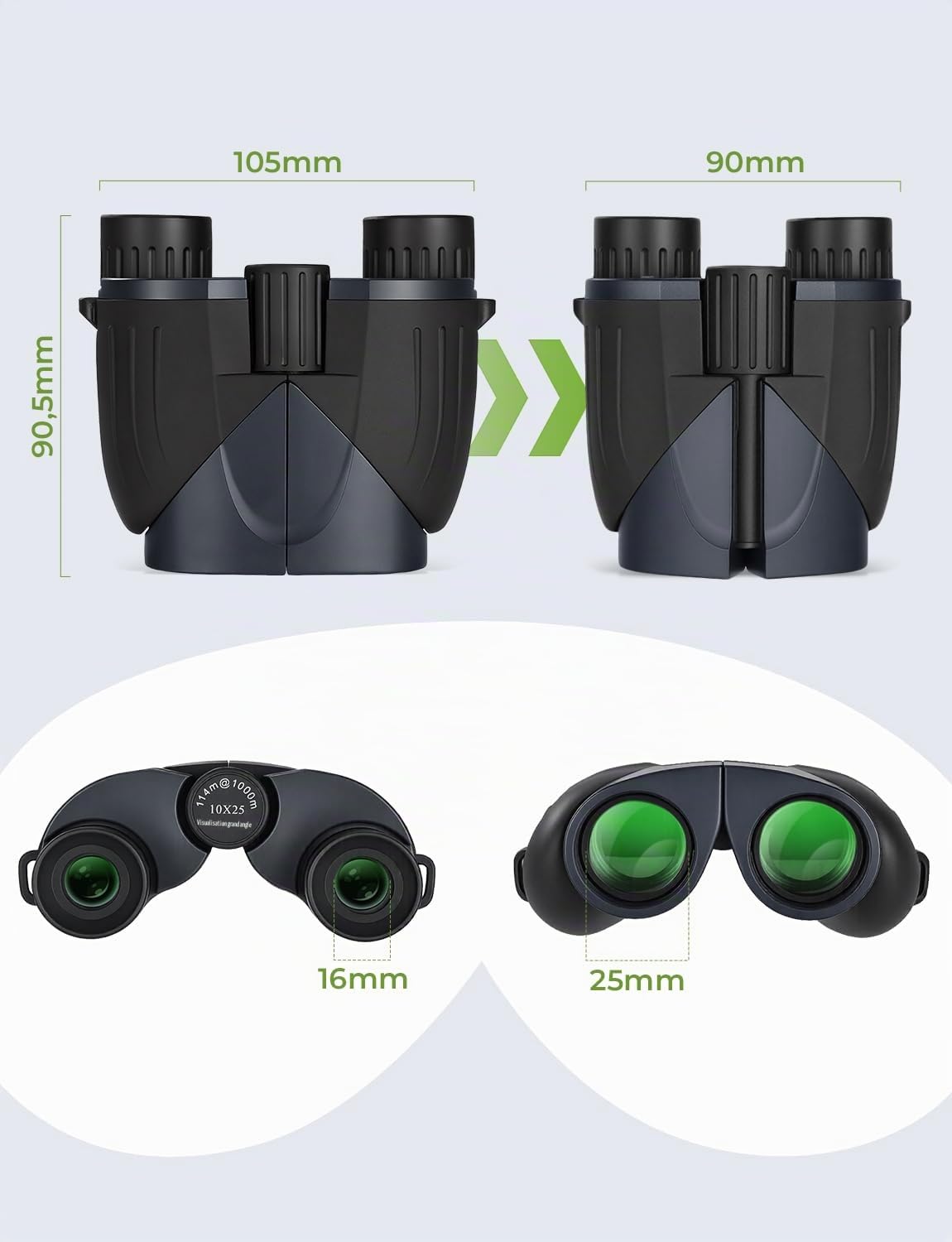 LIORQUE Jumelles 10x25 Enfants Adultes, Pliables, IPX6, Vision Nocturne | Oculaire 16mm Grand Angle, Prismes BAK-7 FMC, Caoutchouc, 0.65kg, Sangle Étui Chiffon, Oiseaux Rando Chasse