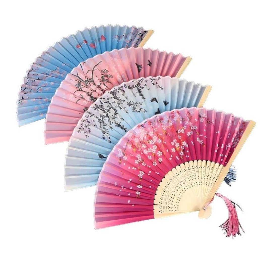 4 Pcs Hand Fan Folding,Chinese Vintage Silk Fabric Folding Fan with Hollow Carved Bamboo Handle & Tassel，Light color