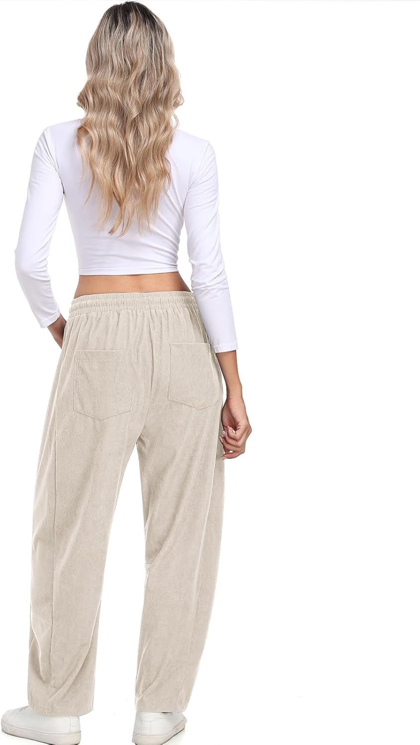 HOTIAN Womens Corduroy Pants Barrel Mid Rise Elastic Waist Loose Comfy Casual Baggy Trouser with Pockets - Image 4