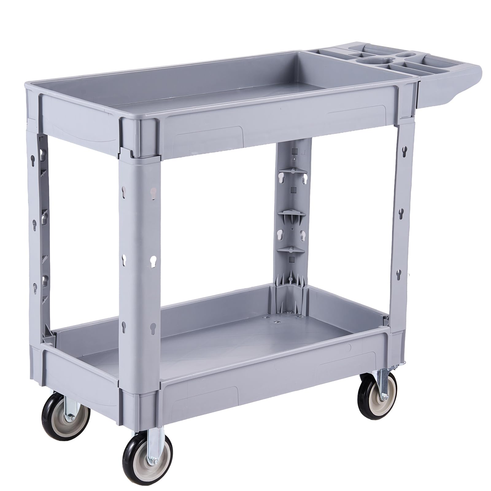 VEVOR Carrello di Servizio Portata 250 kg 2 Ripiani Ruote Girevoli a 360°, Carrello da Officina, 2 Ruote con Freno, Struttura in Plastica Resistente con Vassoio Comodo, per Garage e Magazzino, Grigio