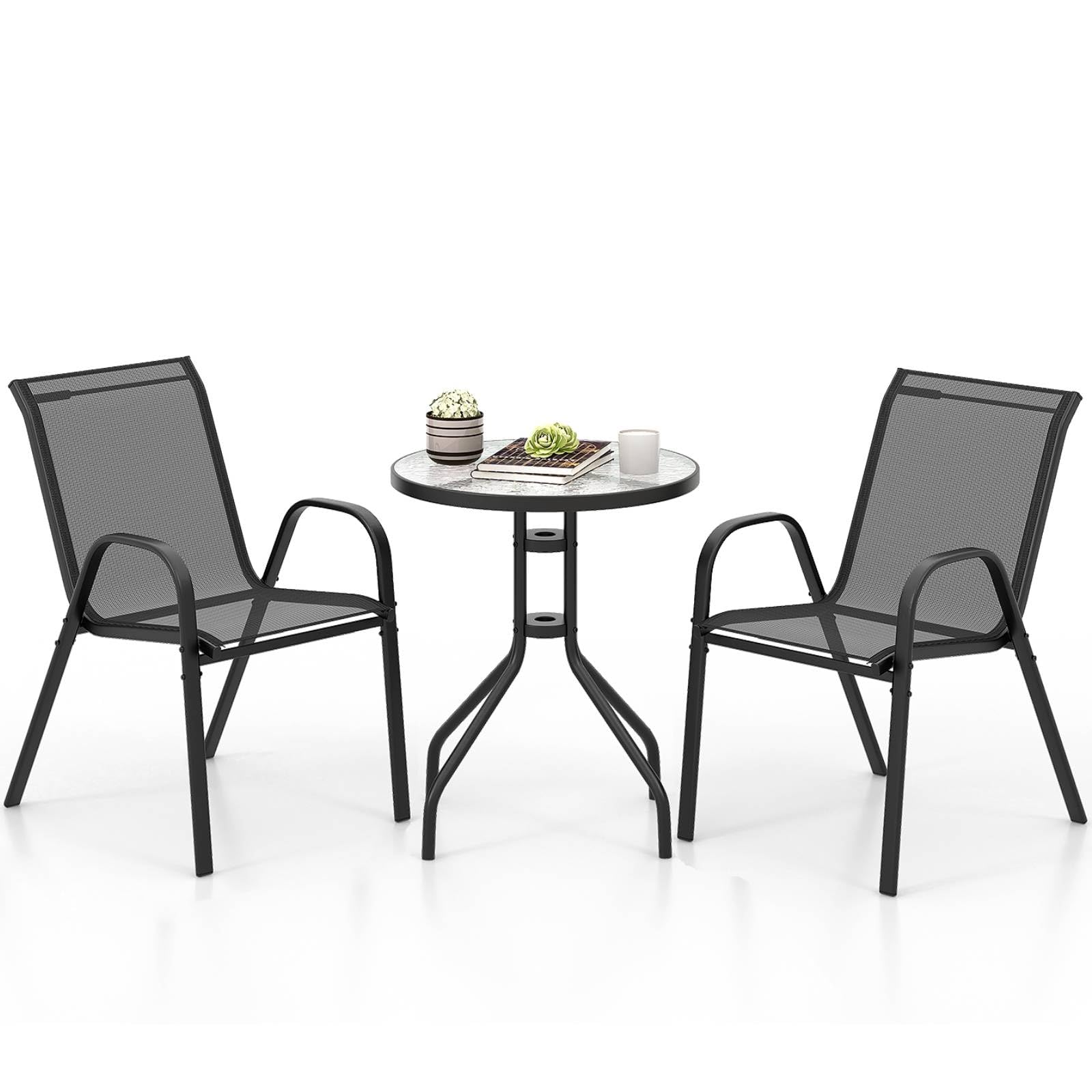 COSTWAY 3 Piece Patio Bistro Set, Garden Furniture Set with Glass Side Table and 2 Stackable Chairs, Outdoor Dining Table and Chairs Set for Balcony Backyard Poolside (Black)