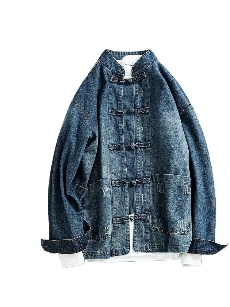 Veste en jean pour hommes avec boutons de costume Tang de style chinois - Veste de robe