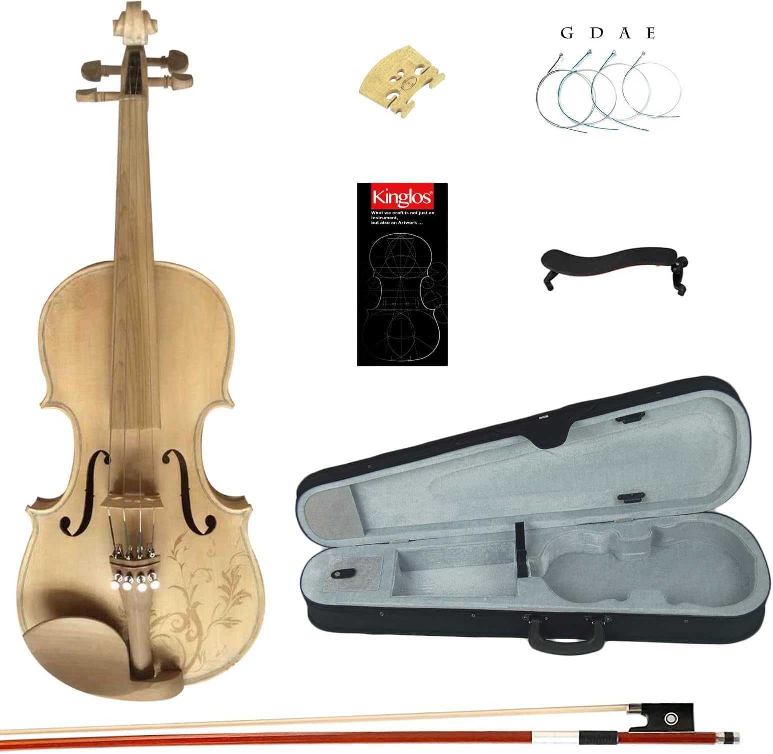 Kinglos. 3/4 Natural Wood Finish Violin Set Fiddle for Adults Beginner | Incl. Hard Case Bow Shoulder Rest Manual Spare Bridge Strings - Acoustic Vilon Jujube Fittings instrument for Student Starter