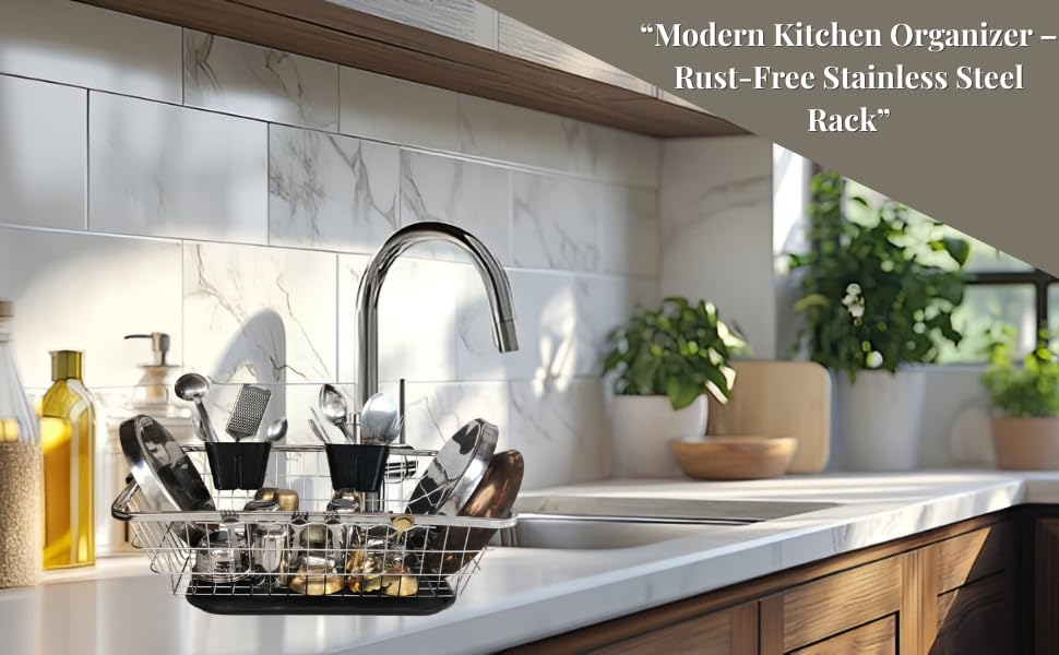 Image of Stainless Steel 64 x 48 x 23 Cm With Water Drip Traey Dish Drainer Rack, Utensil Drying Stand for Kitchen Plate Rack Bartan Basket Sink Top Dish Drainer Rack
