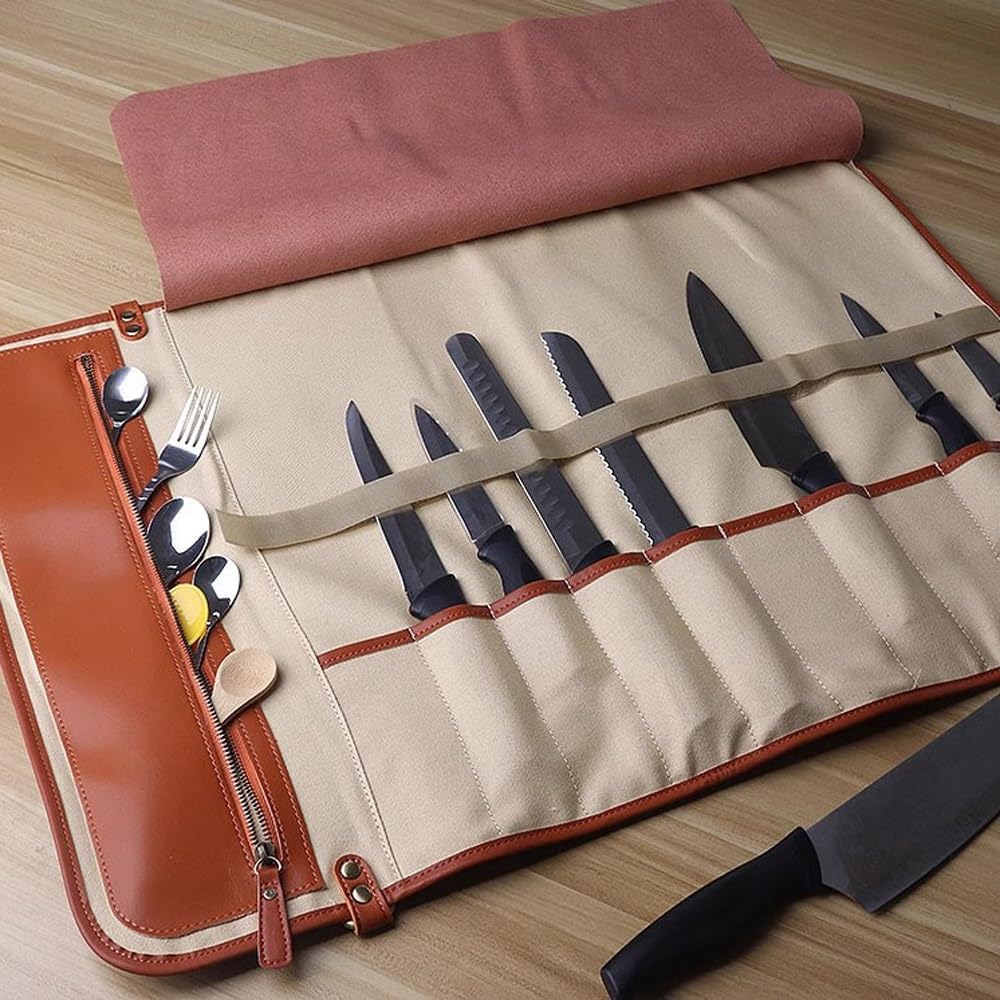 Bolsa Enrollable for Cuchillos, 10 Ranuras for Cuchillos, Funda Protectora, Bolsa Enrollable de Cuero portátil, Estuche de Chef for Acampar o Trabajar.(Brown)