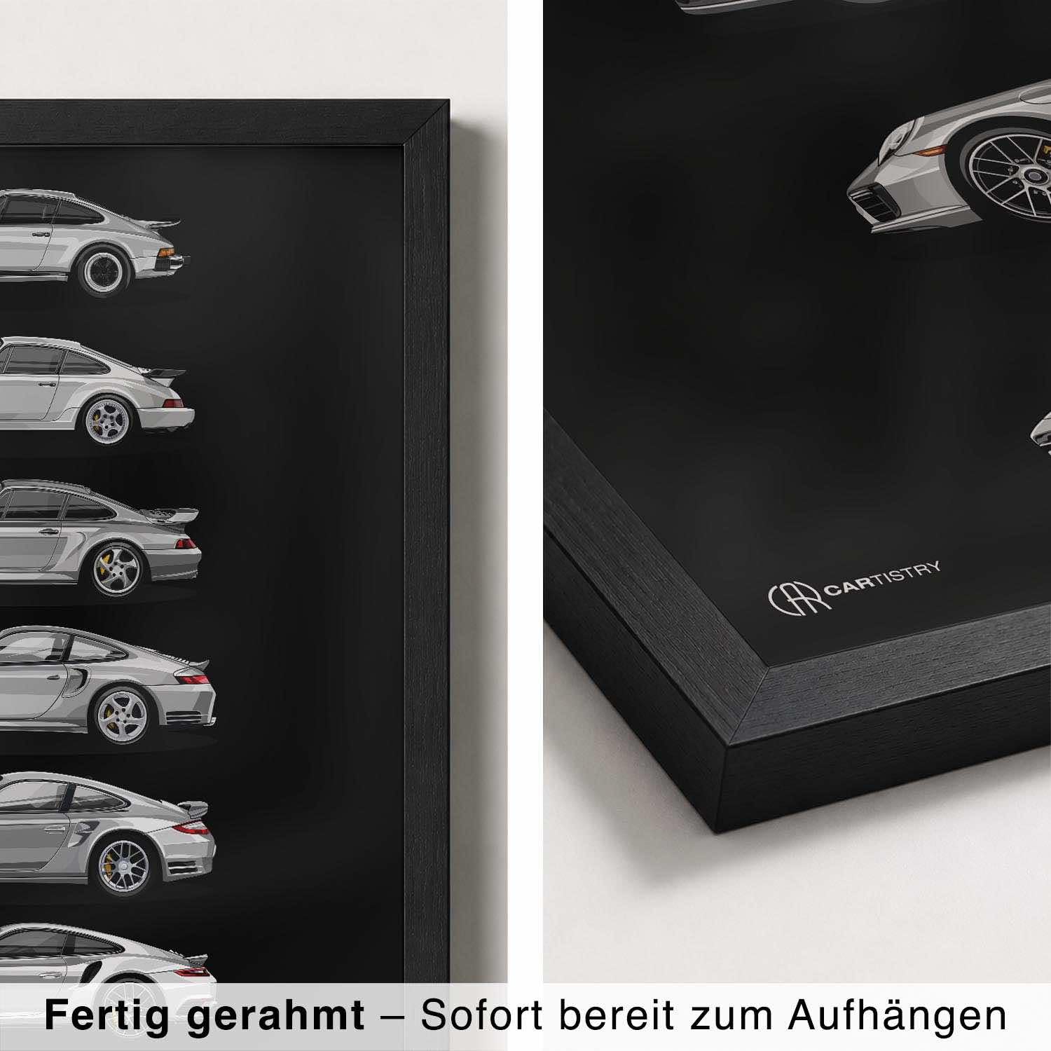Cartistry Auto Poster 911 Turbo Generationen, 40x30cm, Holzrahmen Schwarz | Geschenk für Männer, Geschenk für Autoliebhaber