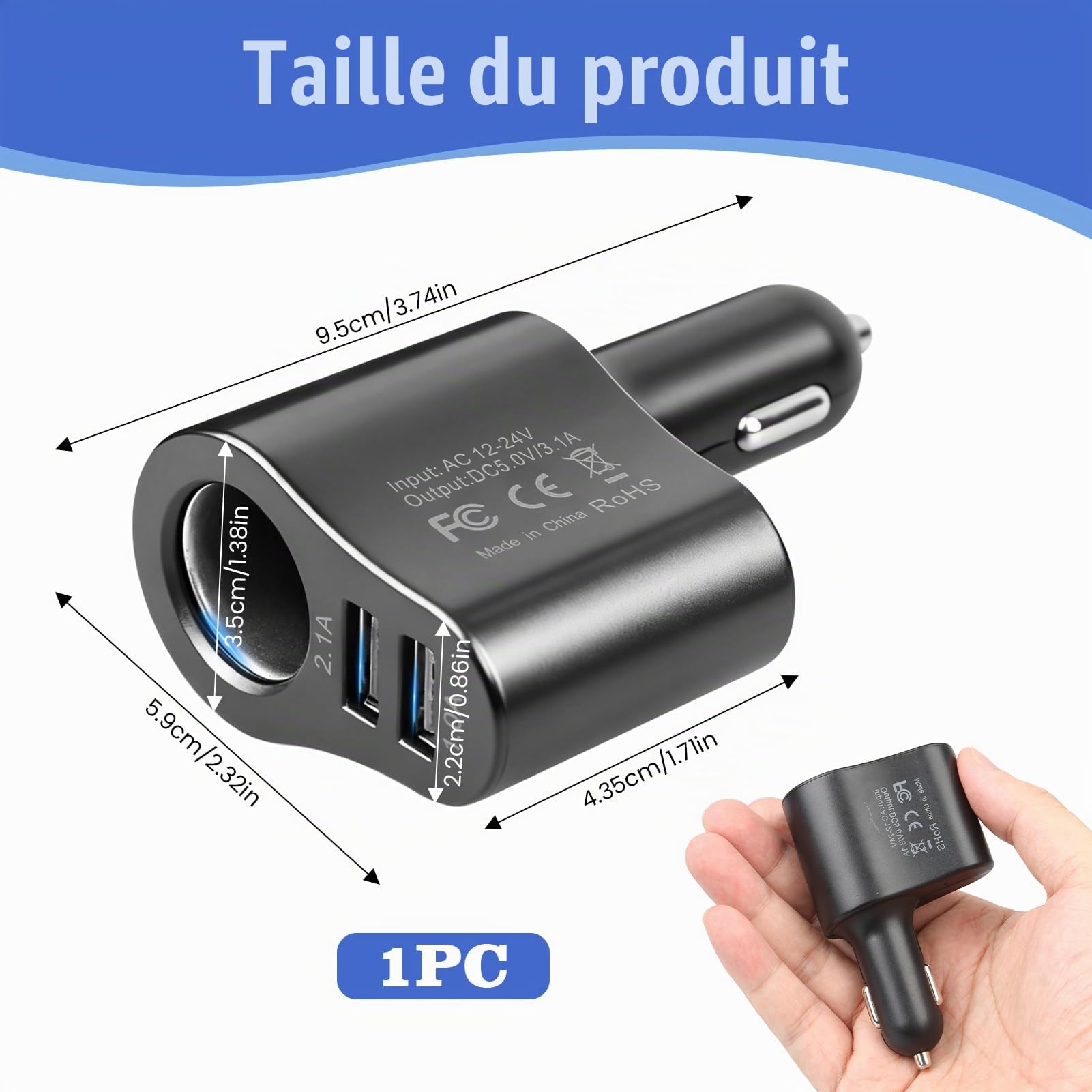 Chargeur Allume Cigare USB, 3 en 1 Chargeur Voiture 12V/24V 60W | Adaptateur Allume-Cigare Car Charger USB Type C Rapide 2.1A pour iphone 16 15 14 13 12 11 GalaxyS25 S24 GPS Dash Cam Tablette
